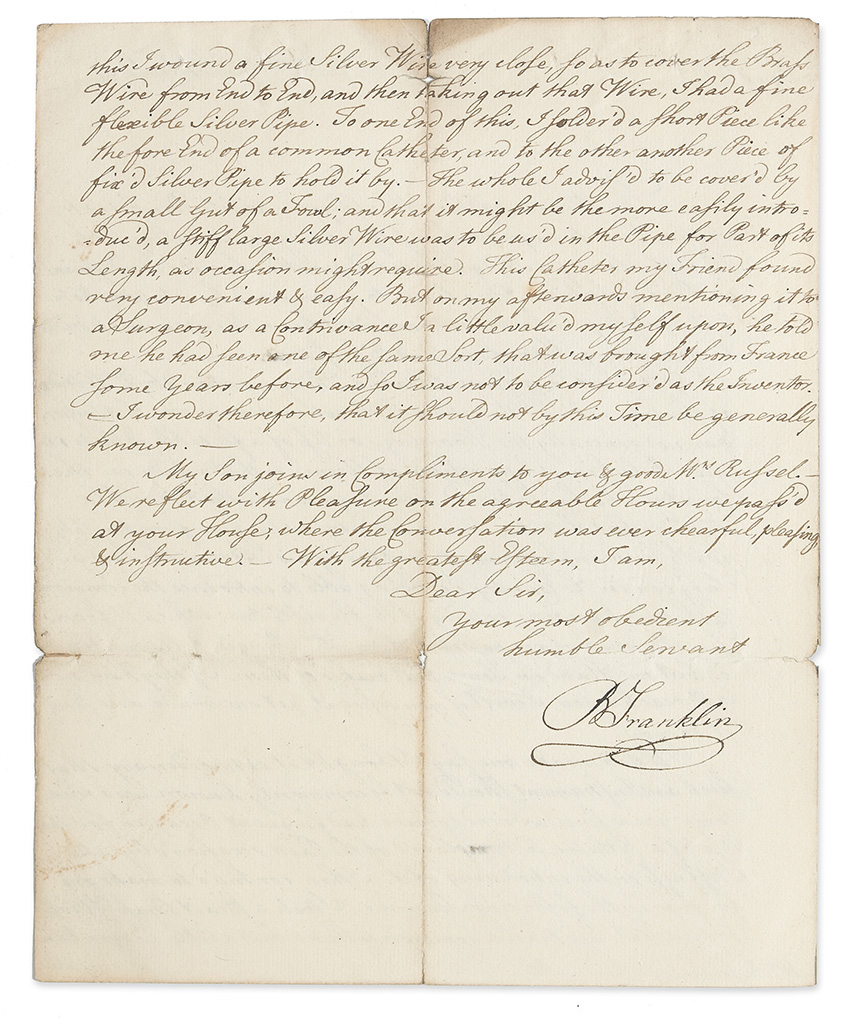 FRANKLIN, BENJAMIN. Autograph Letter Signed, BFranklin, to James Russell (Mr. Russel),